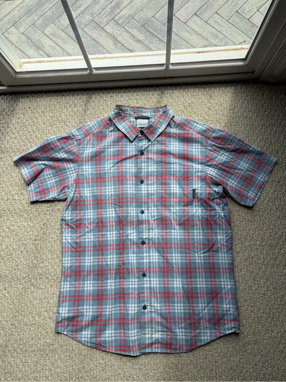Columbia Men's Short-Sleeve Plaid Button-Up Shirt - Red & Gray. Flannel style.